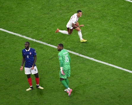 Spain’s Pedro Porro celebrates after scoring his side’s second goal against France goalkeeper Mike Maignan.