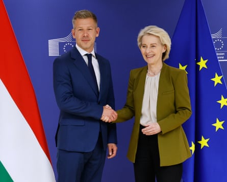 Magyar and von der Leyen shake hands as they stand in front of a Hungarian and an EU flag