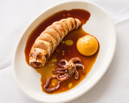 Seafood arranged artfully on a white plate at the London restaurant Vesper.