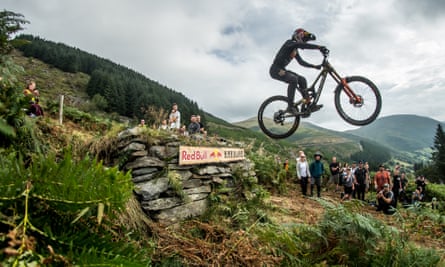 A mountain biker in mid air over a rocky green terrain