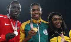 Caster Semenya of South Africa, silver medallist Margaret Nyairera Wambui of Kenya and Natoya Goule of Jamaica at the 2018 Commonwealth Games.