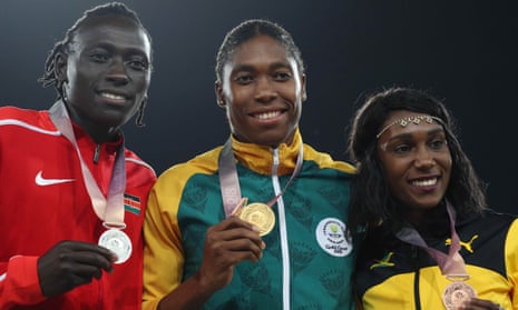 Women’s 800m winner Caster Semenya of South Africa (centre), flanked by silver medallist Margaret Nyairera Wambui of Kenya and Natoya Goule of Jamaica at the 2018 Commonwealth Games.