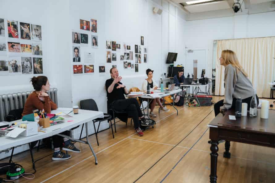 Jodie Comer, right, talks to director Justin Martin in the rehearsal room.