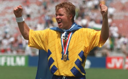 Tomas Brolin receives his third-place medal at the 1994 World Cup.