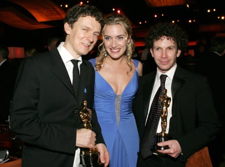 Kaufman, right, with Michel Gondry and Kate Winslet at the Academy Awards in 2005.