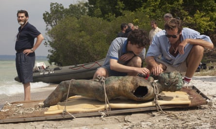A life of leisure … from left, Michael Stuhlbarg, Timothée Chalamet and Armie Hammer.
