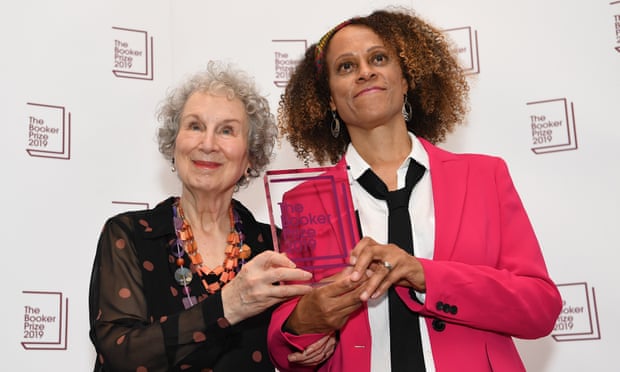 Booker prize-winners Margaret Atwood, left, and Bernardine Evaristo, October 2019.