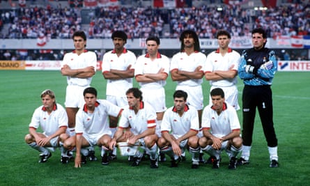 The AC Milan team – featuring Paolo Maldini, Alessandro Costacurta and Franco Baresi – line up before the 1990 European Cup final, which they won 1-0 against Benfica in Vienna.