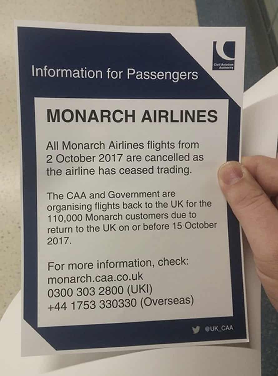 In this image provided by Simon Stirrat, a notice for Monarch Airlines passengers is seen at London’s Gatwick Airport.