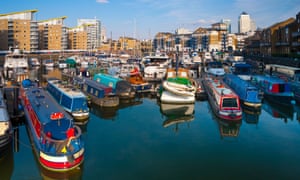 Limehouse Basin and Canary Wharf beyond, London.