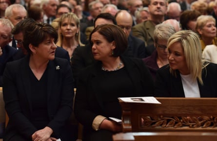 At Lyra McKee’s funeral, left to right: Arlene Foster, leader of the DUP, Mary Lou McDonald, leader of Sinn Fein and Michelle O’Neill, deputy leader of Sinn Fein