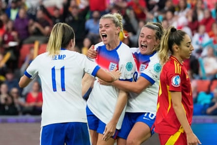 Russo celebrates pinch Lauren Hemp and Ella Toone aft scoring against Spain.