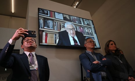Former US Secretary of State Henry Kissinger talks remotely during the World Economic Forum .