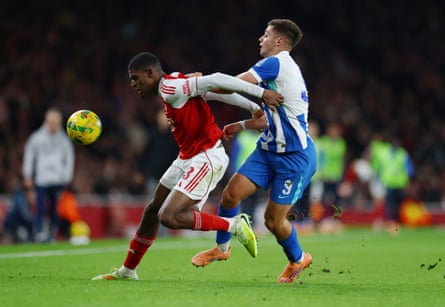 Cristhian Mosquera holds off Brighton’s Stefanos Tzimas.