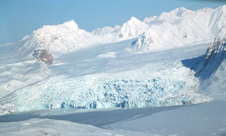 A glacier seen on a mountainside