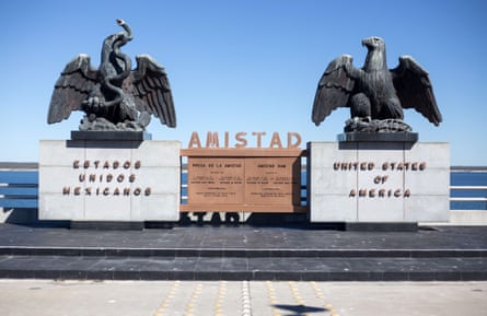 Sculptures on the international boundary at Amistad reservoir on the US/Mexico border near Ciudad Acuña