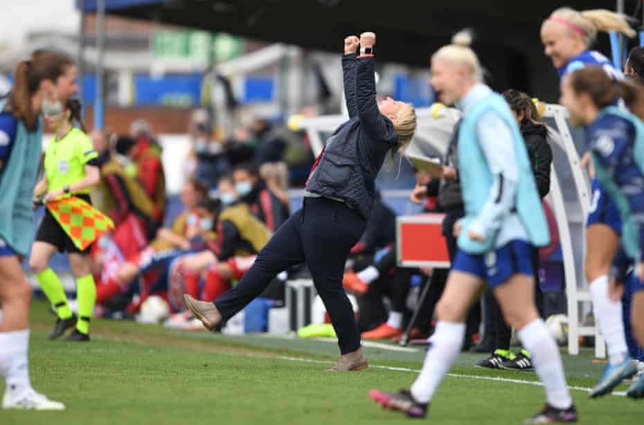 Emma Hayes celebrates after Chelsea reach the Champions League final by beating Bayern Munich.