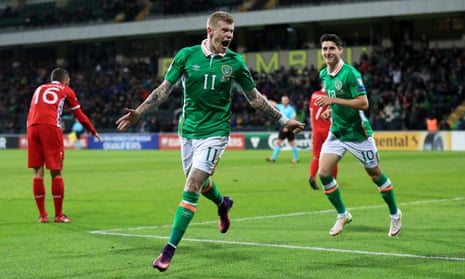 Republic of Ireland’s James McClean celebrates scoring his side’s third goal.