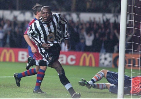 Faustino Asprilla wheels away in celebration after scoring the second of his three goals for Newcastle against Barcelona at St James’ Park on 17 September, 1997.