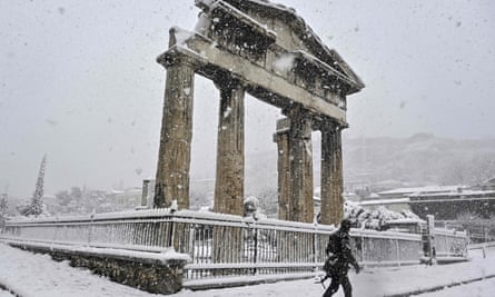 snow covered Roman remains in Athens