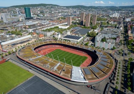 A drone view shows the Stadion Letzigrund.