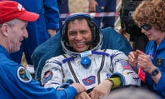 Nasa astronaut Frank Rubio shortly after landing in the Soyuz MS-23 space capsule in a remote area near Zhezkazgan, Kazakhstan.
