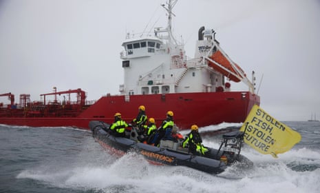 Greenpeace activists intercept the fish oil tanker Key Sund in the Channel.