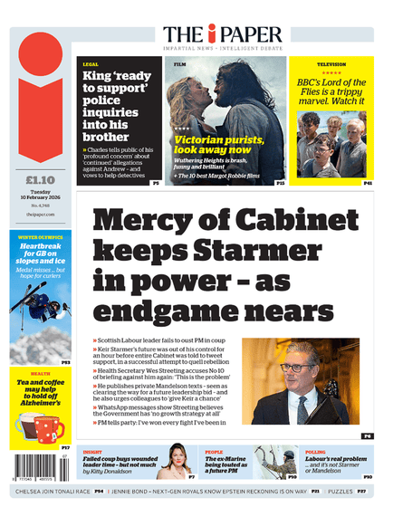 Front page of i paper, 10 February 2026