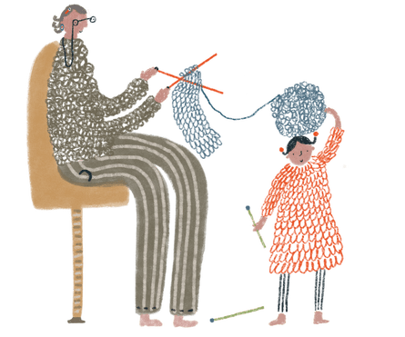 illustration of person knitting with child