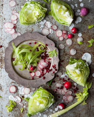 Deconstructed Salad With Yoghurt DressingShaved celery, radish, pomegranate and iceberg lettace