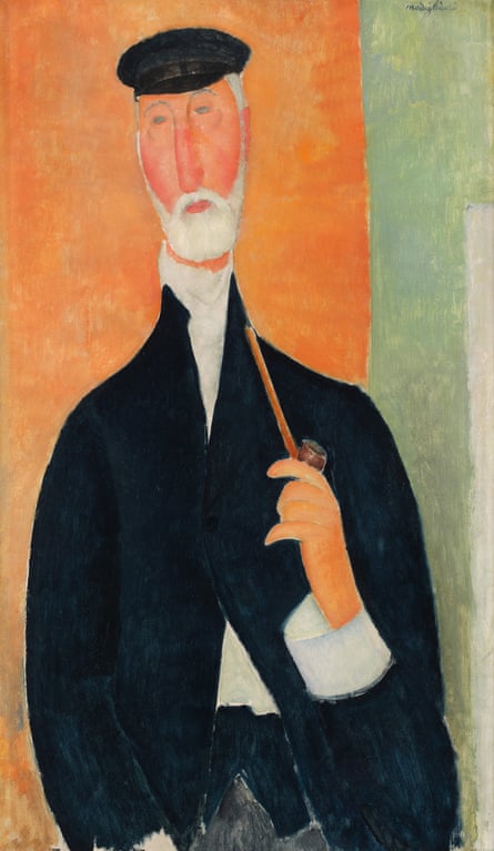 A stylised portrait of a seated man in a dark suit, holding a pipe near his mouth. His face is elongated with a narrow nose, small closed lips, and almond-shaped eyes, typical of Modigliani’s distinctive style