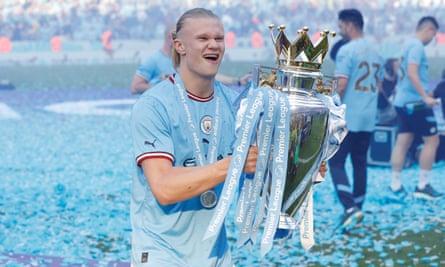 Haaland celebrates winning the Premier League title in May, having scored 36 goals in 35 league appearances.