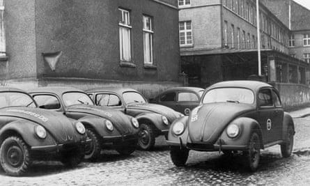 Volkswagens are parked at Bonneberg near Herford, in 1945.