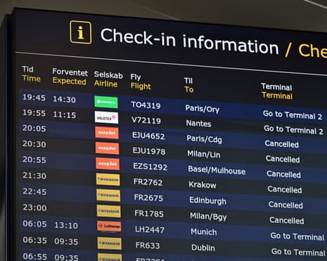 A bord displays flight informations at the Copenhagen Airport in Copenhagen, Denmark.