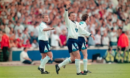 Teddy Sheringham (centre) celebrates after scoring during England’s 1996 European Championships group match against the Netherlands at Wembley Stadium
