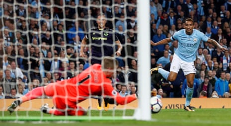 Everton’s Jordan Pickford saves from Manchester City’s Danilo
