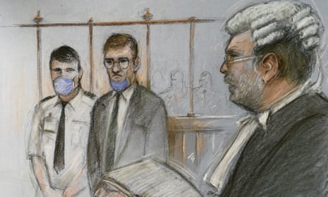 Court artist sketch of James Watson (centre), appearing in the dock alongside prosecutor John Price QC (right) at the Old Bailey in London.
