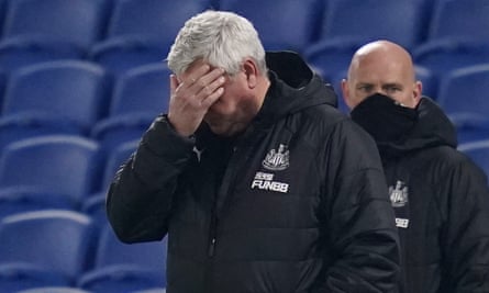 Steve Bruce is unable to watch as Newcastle are beaten 3-0 by Brighton at the Amex in March.