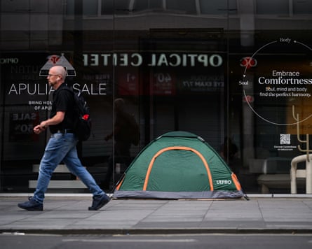 A homeless person’s tent on Tottenham Court Road in London