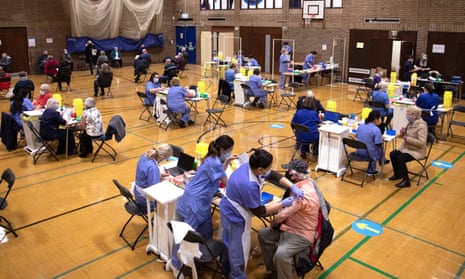 A vaccination centre in Newbridge, Wales. The UK exceeded 10m vaccinations on Wednesday.