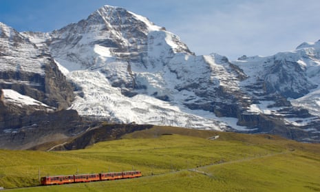 Jungfrau with train from Kleine Scheidegg, Grindelwald.