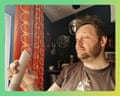 Writer Alan Martin holds the Dyson HushJet Mini Cool fan while looking up in a room with orange patterned curtains