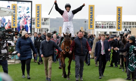 Rachael Blackmore on Bob Olinger celebrates victory in the Stayers’ Hurdle on day three of the festival.