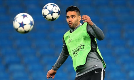 Monaco's Radamel Falcao takes part in a training session in preparation for the Champions League tie against Manchester City