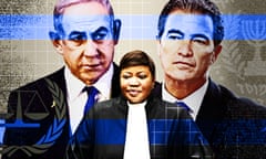 Composite design image of Benjamin Netanyahu, Fatou Bensouda and Yossi Cohen