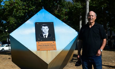 Francisco Holdago at a memorial to his son Juan in Jerez.