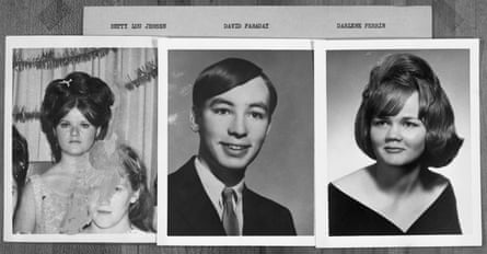 Three black and white photos from the 1970s are displayed side by side. Labels above the photos read 'Betty Lou Jensen, David Faraday, Darlene Ferrin'.