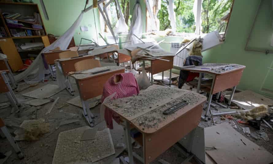 A view shows a school destroyed during Russia’s invasion of Ukraine in the town of Marinka, in Donetsk region, Ukraine.