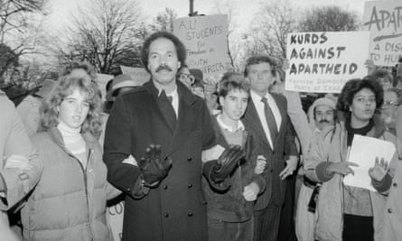 Voices of protest: Rory and Douglas Kennedy with Randall Robinson and Gary Hart marching against apartheid outside the South African Embassy in Washington.