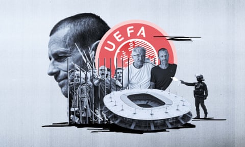 An illustration showing Uefa's president Aleksander Ceferin, Zeljko Pavlica and Liverpool fans outside the Stade de France.